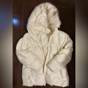 Zara Ivory Puffer Coat with Faux Fur Trimmed Hood